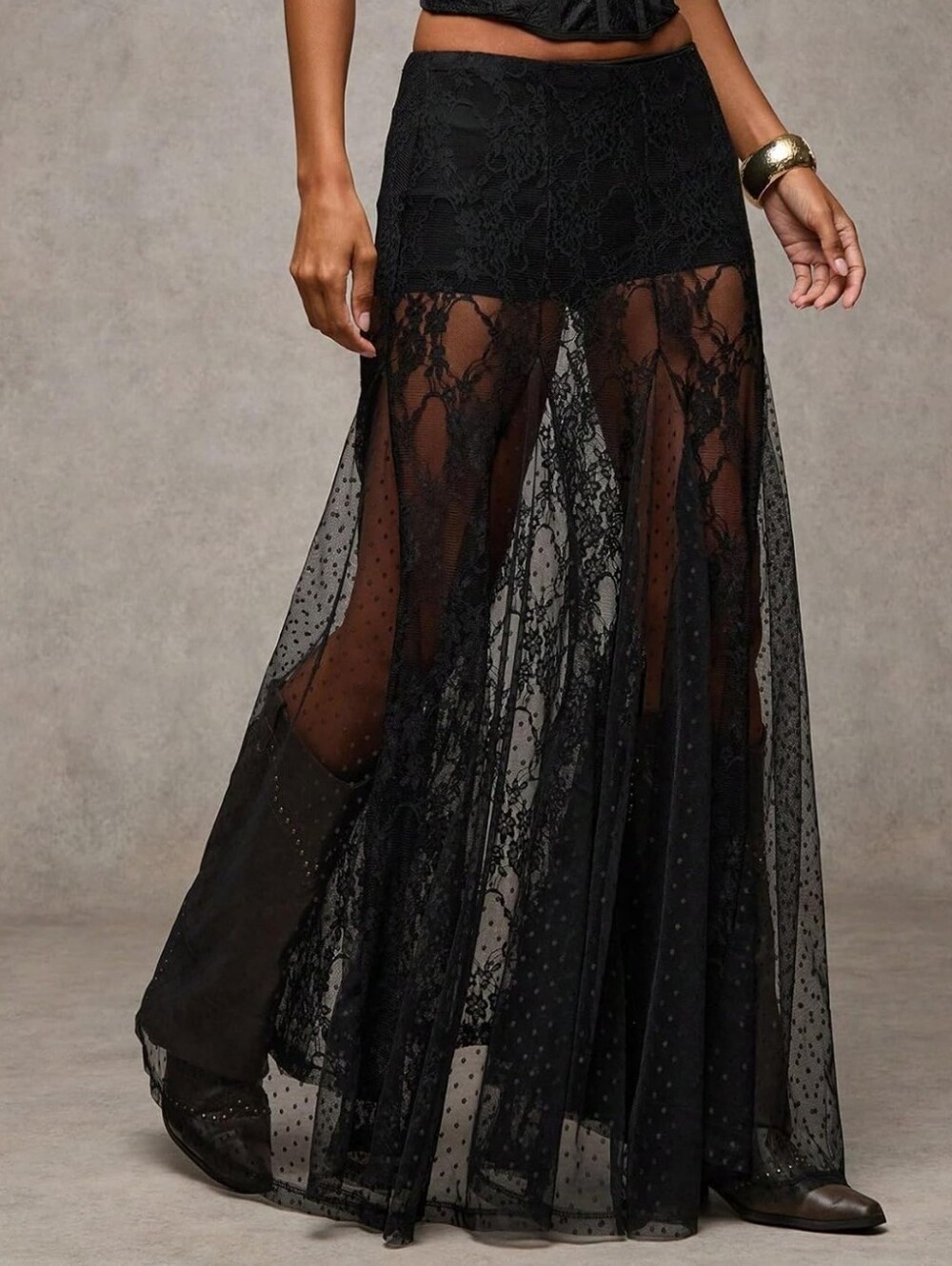 NWT Wdirara Black Mesh Maxi Skirt Sheer Goth Fairy Festival Floral Dots Vamp SM
